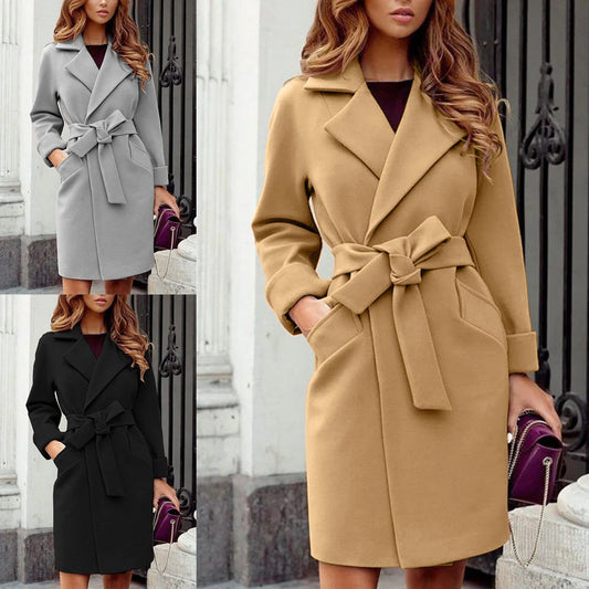 Autumn Winter Fashion Slim-Fit Belt Lapel Wool Coat Coat