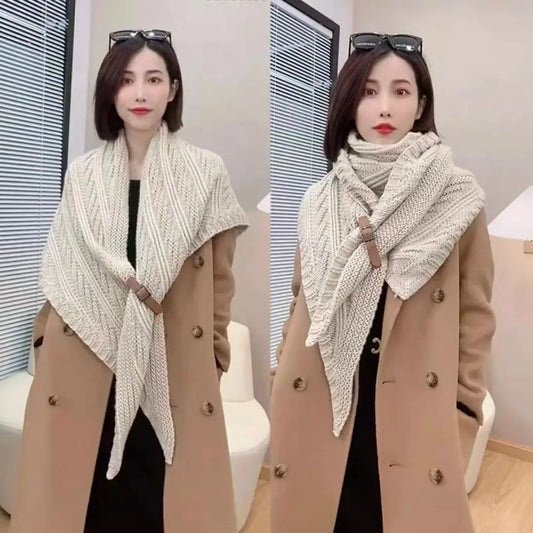 Autumn and Winter Warm Leather Buckle Shawl Split Thickened outside with Women'S Knitted Scarf Wool Neck